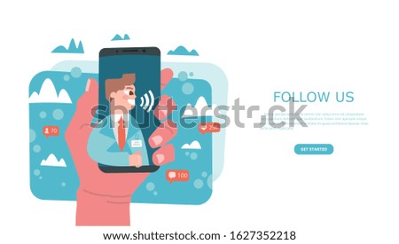 Internet advertisement vector cartoon character for landing page template. Hands holding smartphone. Social media network promotion, Influencer marketing,  SMM banner, business landing page, flyer.