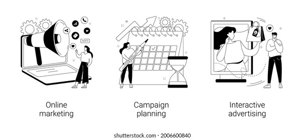 Conjunto de ilustraciones vectoriales de concepto abstracto de publicidad en Internet. Marketing online, planificación de campañas, publicidad interactiva, estrategia digital, optimización SEO, metáfora abstracta de análisis de clientes.