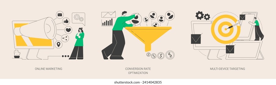 Internet advertising abstract concept vector illustration set. Online marketing, conversion rate optimization, multi-device targeting, SEO optimization, lead attraction, strategy abstract metaphor.