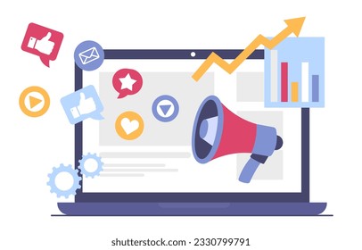 Internet advertising at laptop concept. Online marketing and electronic commerce. Promotion in social networks and search engines. Graphs and charts. Cartoon flat vector illustration