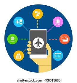 internet airline, booking flight ticket online via internet smart phone infographic