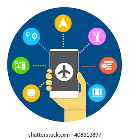 internet airline, booking flight ticket online via internet smart phone infographic