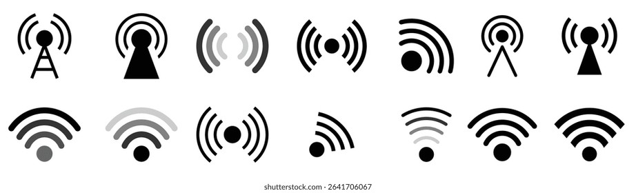 Internet antenna tower icon collection. Set of signal tower glyph icons