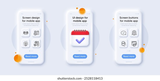 Internet app, Hold heart and Inspiration line icons pack. 3d phone mockups with calendar. Glass smartphone screen. Teamwork, Calendar discounts, Approved message web icon. Vector