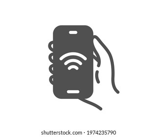 Internet app icon. Hand hold phone sign. Cellphone with screen notification symbol. Quality design element. Flat style internet app icon. Editable stroke. Vector