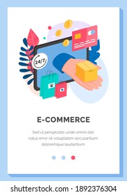 Internet-App-Layout. Online-Shopping und Business-Software. Bequemes Geschäft im Internet. Online-Shopping-Plattform Landing Page Vorlage. Bezahltes Programm zur Bestellung von Käufen, Vektorgrafik