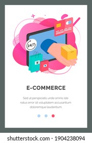 Internet app layout. Online shopping and business software. Convenience store on the Internet. Online shopping platform landing page template. Paid program for ordering purchases vector illustration