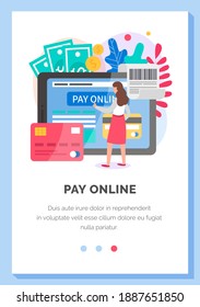 Internet app layout. Program for online remote payment of purchases using phone or card. Online platform landing page template. Application to pay with credit card. Girl on the screen makes a payment