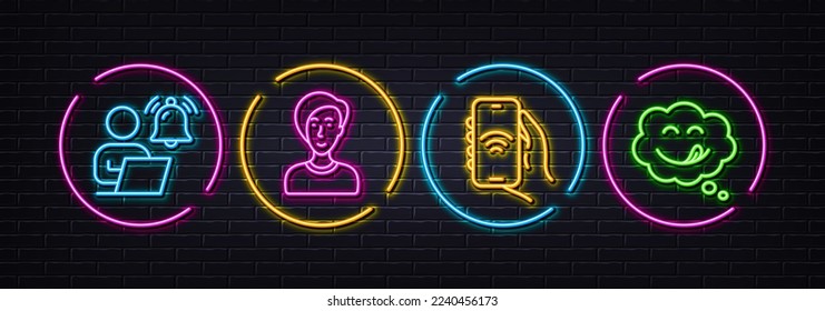 Internet app, User notification and Businesswoman person minimal line icons. Neon laser 3d lights. Yummy smile icons. For web, application, printing. Smartphone wifi, Work notice, Female user. Vector