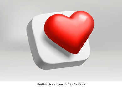 Internet application button with red heart on grey background. 3d vector illustration