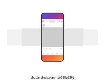 Internet application interface on a smartphone screen. Smartphone with carousel interface post on social network. Minimal design. Vector illustration. 