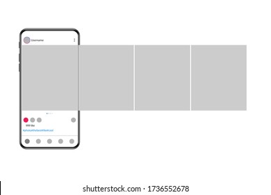 Internet application on the screen of a real smartphone. Post carousel on social media. Vector illustration.