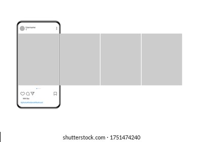 Internet application on the screen of a real smartphone. Post carousel on social media. Vector illustration.