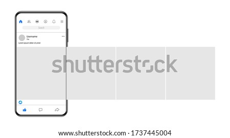 Internet application on the screen of a real smartphone. Post carousel on popular social networks. Vector illustration.
