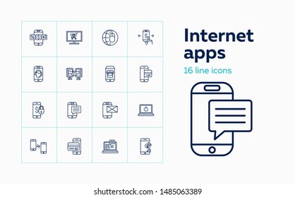 Internet apps line icon set. Interview, presentation, workplace. Electronics concept. Can be used for topics like online payment, chatting, shopping, phishing