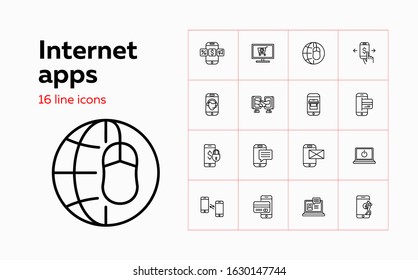 Internet apps line icon set. Interview, presentation, workplace. Electronics concept. Can be used for topics like online payment, chatting, shopping, phishing