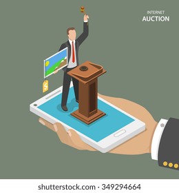 Internet auction isometric flat vector concept. Mans hand holds a mobile phone with auctioneer which sells a painting.