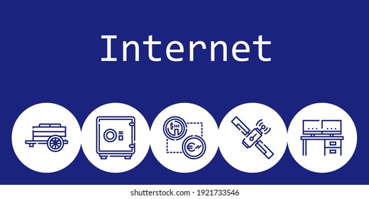 internet background concept with internet icons. Icons related safebox, desk, exchange, satellite, cart