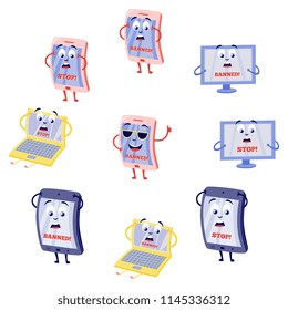 Internet ban concept set with various shocked computer devices with restricted access to web pages and resources isolated on white background in flat vector illustration.