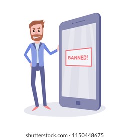 Internet ban and restricted access to web pages concept with young bearded man in suit with insidious smirk standing near big mobile phone with sign Banned in flat isolated vector illustration.