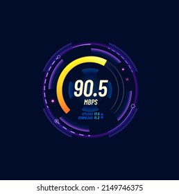 Prueba de ancho de banda de Internet, medidor de velocidad de red o indicador de nivel de señal de conexión. Velocidad de carga o descarga de datos web marcado futurista, servicio de desprotección de fuerza Wi-Fi neon gage o icono de interfaz