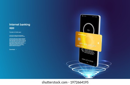 Internet banking app. Mobile phone payment with NFC technology and High level payment security. Wireless cash transaction technology and money storage. Wallet with cards UI App and E-payment. Vector