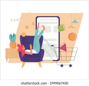 Internet banking app via credit card on mobile vector illustration concept. Online payment or money refund program. Woman get cashback for purchase in shop or store. Secure online payment transaction.