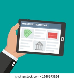 Internet banking application with hand holding tablet and online payment icons vector illustration. Dollar bills, bank icon, debit or credit card. 