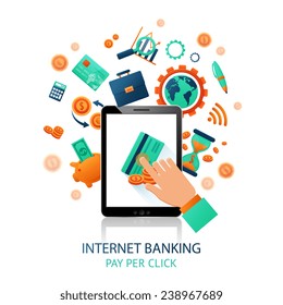 Internet banking application with hand touching tablet and online payment icons vector illustration