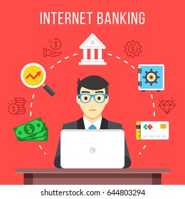 Internet banking. Businessman at computer at work in office. Flat icons and thin line icons set, modern flat design graphic elements for web banners, websites, infographics. Vector illustration