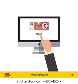 Internet banking concept. British Pound banknote. Transferring Money vector illustration