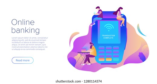 Internet banking concept in flat vector design. Digital payment or online money transfer service. POS digital transaction concept. Website banner or webpage layout template.