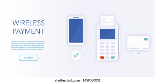 Internet banking concept in flat vector illustration. POS terminal for contactless pay. Website banner or webpage layout template. 