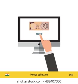 Internet banking concept. Indian Rupee banknote. Transferring Money vector illustration