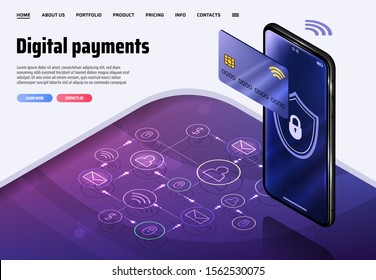 Internet banking concept. Isometric mobile phone banner. Online payment, security transaction via credit card. Wireless pay through phone. Digital technology transfer pay.