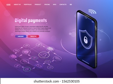 Internet Banking Concept. Isometric Mobile Phone Banner. Online Payment, Security Transaction Via Credit Card. Wireless Pay Through Phone. Digital Technology Transfer Pay.