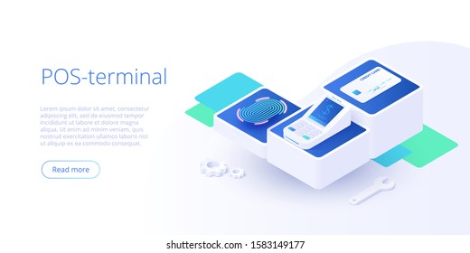 Internet banking concept in isometric vector illustration. Digital payment or online money transfer service. POS terminal for contactless smartphone pay. Website banner or webpage layout template.