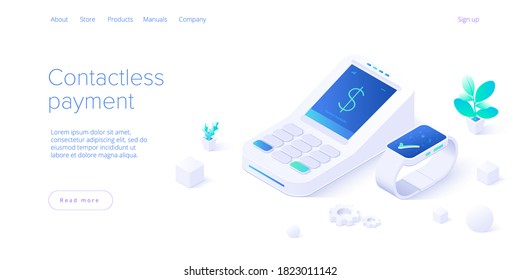 Internet banking concept in isometric vector illustration. Digital payment or online money transfer service. POS terminal for contactless smartphone pay. Website banner or webpage layout template.