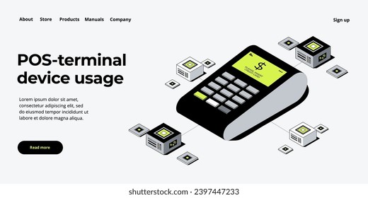 Internet banking concept in isometric vector illustration. Digital payment or online money transfer service. POS terminal for contactless pay. Website banner or webpage layout template.