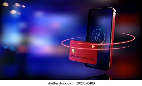 Internet Banking Concept. Mobile Phone Banner. Digital Bank. Online Payment, Security Transaction Via Credit Card. Wireless Pay Through Phone. Digital Technology Transfer Pay. Vector Illustration