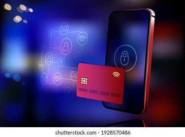 Internet banking concept. Mobile phone banner. Digital bank. Online payment, security transaction via credit card. Wireless pay through phone. Digital technology transfer pay. Vector illustration