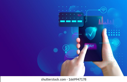 Internet banking concept. Online payment security transaction. Hand holding smart phone with buy button on the screen. Secure wireless pay through smartphone.