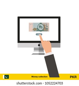 Internet banking concept. Pakistan rupee banknote. Transferring Money vector illustration