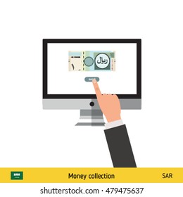Internet banking concept. Saudi Arabian Riyal banknote. Transferring Money vector illustration