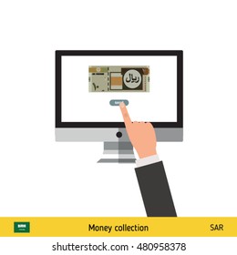Internet banking concept. Saudi Arabian Riyal banknote. Transferring Money vector illustration