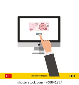 Internet banking concept. turkey lira banknote. Transferring Money vector illustration