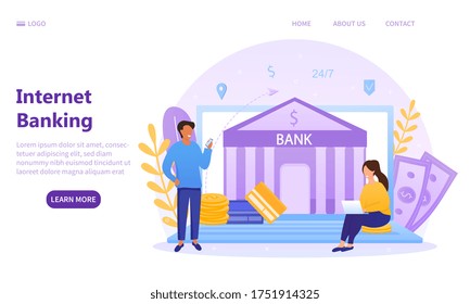 Internet Banking concept with woman using a laptop to bank online seated on a gold coin on the steps of a bank with copy space, colored vector illustration