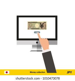 Internet banking concept. Yen banknote. Transferring Money vector illustration