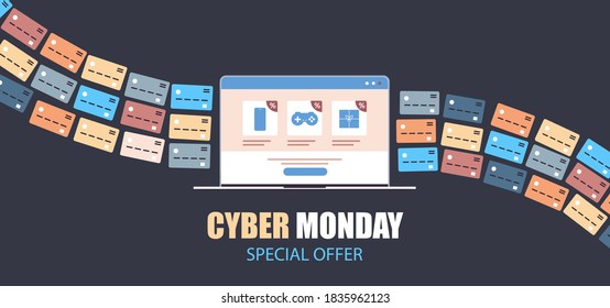 internet banking credit cards for online shopping payment cyber monday sale holiday discounts e-commerce concept horizontal vector illustration