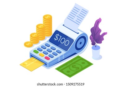Internet banking,   Digital mobile payment, Isometric pos terminal isometric concept. Vector illustration